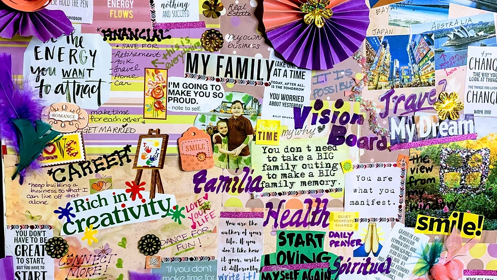 A colorful vision board with cut out images and text by artist Erica Soto.